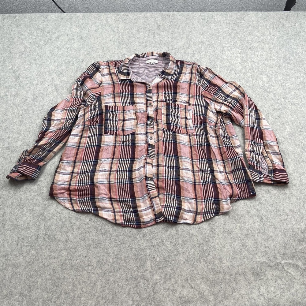 Lucky Brand Shirt Womens 2X Pink Plaid Button Front Long Sleeve Modal Top PILING